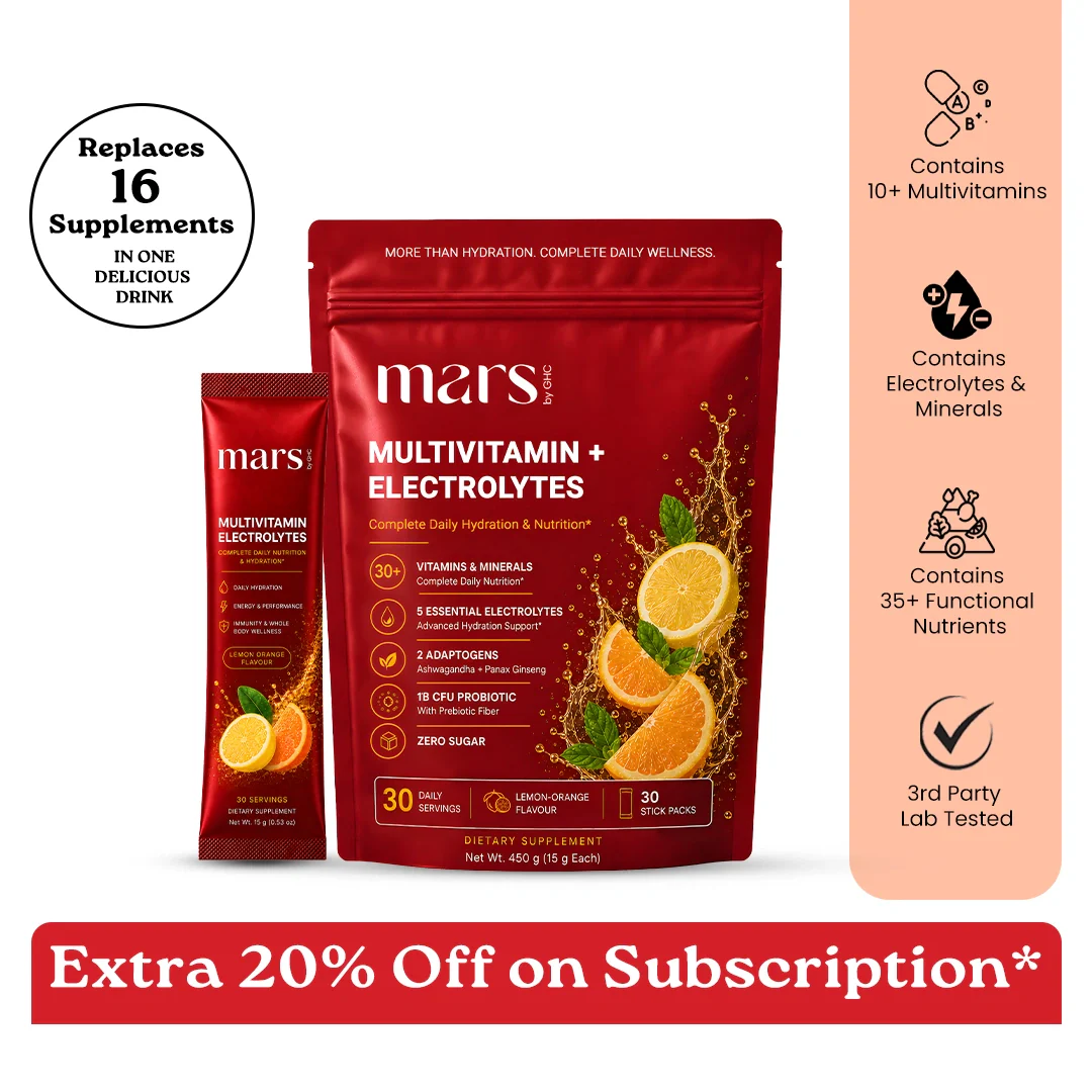 Mars Multivitamin Electrolytes Powder with Vitamins, Minerals, Adaptogens, Probiotics & Electrolytes | Lemon Orange Flavour - Daily Hydration, Energy, Recovery & Whole Body Wellness | 30 Servings