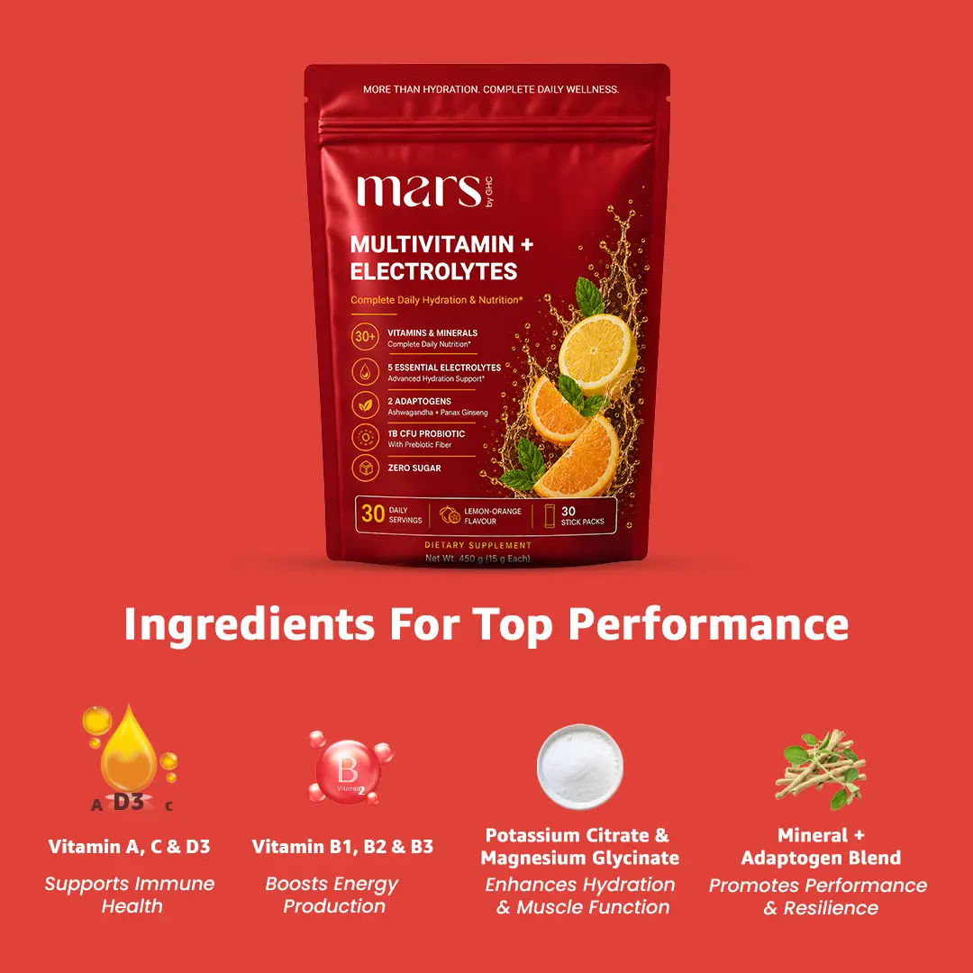 Mars Multivitamin Electrolytes Powder with Vitamins, Minerals, Adaptogens, Probiotics & Electrolytes | Lemon Orange Flavour - Daily Hydration, Energy, Recovery & Whole Body Wellness | 30 Servings - Image 9